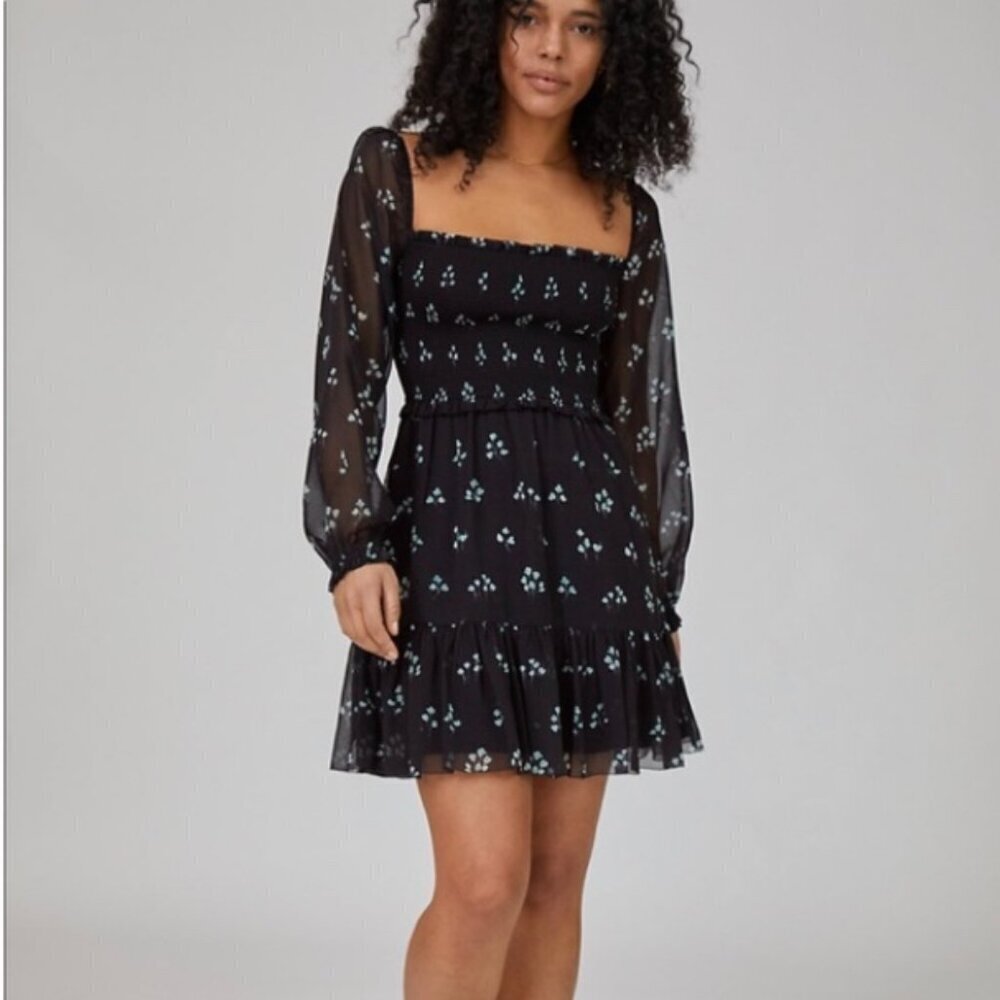 Wilfred Aritzia Tempest Dress Black Aqua Print Long Sleeve Mini Length Size XS